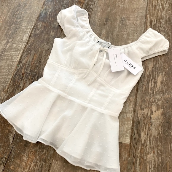 Guess Sienna White Mocked Peplum Top - Picture 3 of 6